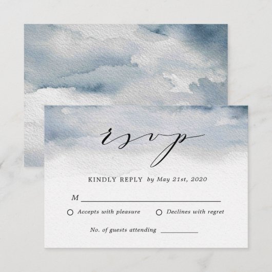 Humeurige Blauwe Aquarel Trouw RSVP antwoordkaart (Voorkant / Achterkant)