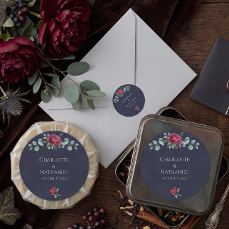 Humeurige Bloemendiepe Blauwe Elegante Trouw Ronde Sticker