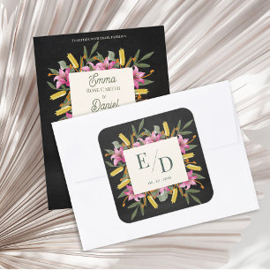 Humeurige Blush Lelie Zwarte Bloemige Monogram Tro Vierkante Sticker
