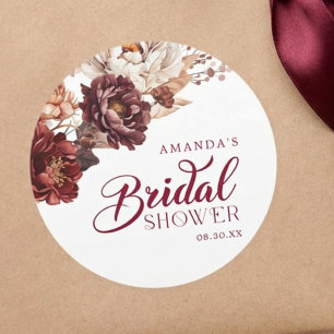 Humeurige bordeaux bloemenkleuren bruiloftsborrel ronde sticker