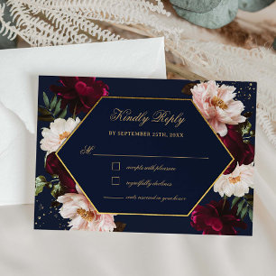 Humeurige Bourgogne Blush Pioenrozen Navy Bloemen RSVP Kaartje