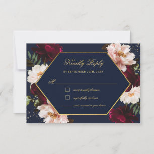 Humeurige Bourgondië Blush Navy Bloemhuwelijk RSVP Kaart