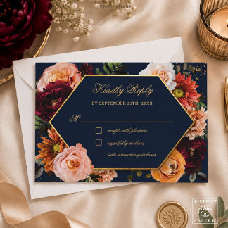 Humeurige Bourgondië Oranje Roest Navy Bloemen Bru RSVP Kaartje
