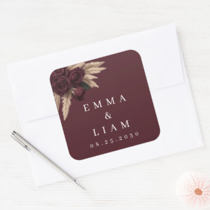Humeurige Bourgondische Roos Pampas Gras Bruilofts Vierkante Sticker