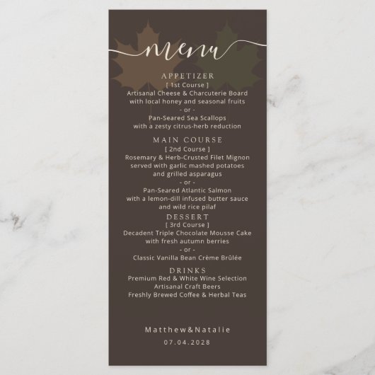 Humeurige Chocolade Terracotta Salie Bruiloft Boho Menu (Voorkant)
