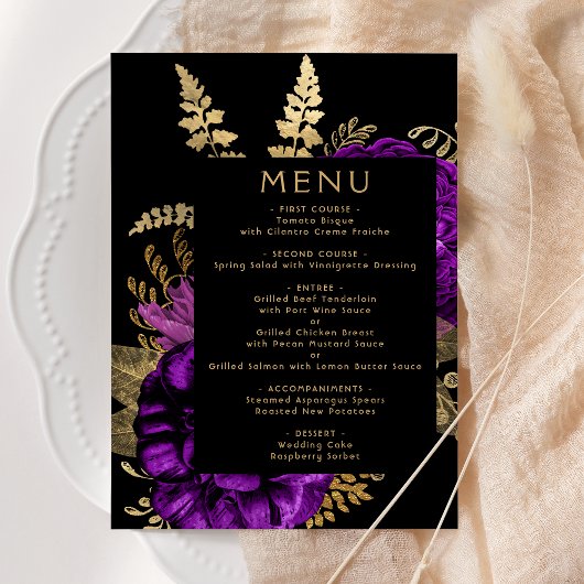 Humeurige Donkere Bloemige Paarse Gouden Bruiloft Menu