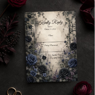 Humeurige Gotische Blauwe Rozen Bruiloft RSVP Kaartje