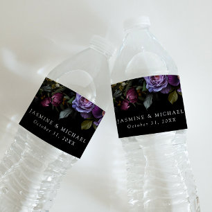 Humeurige Gotische Paarse Bloemige Bruiloft Waterfles Etiket