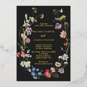 Humeurige Hollandse Bloemen & Vlinders Trouw Goud Folie Uitnodiging