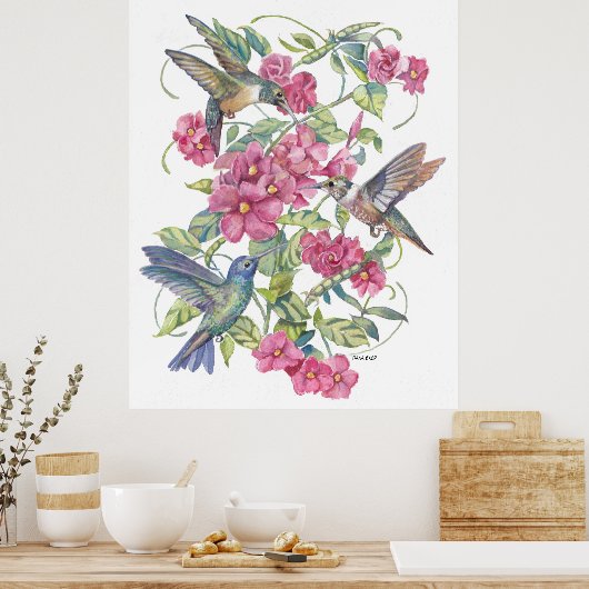 HUMMERENDE VOGELS MET PINKSTROMEN POSTER (Keuken)