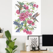 HUMMERENDE VOGELS MET PINKSTROMEN POSTER (Thuiskantoor)