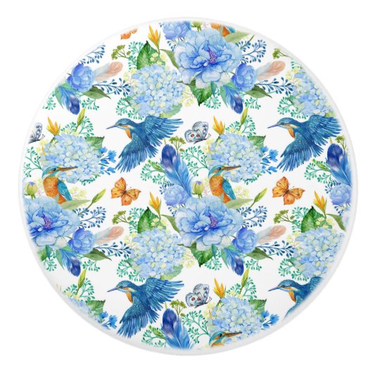 Humming Birds en Blue Hydrangea Keramische Knop (Voorkant)