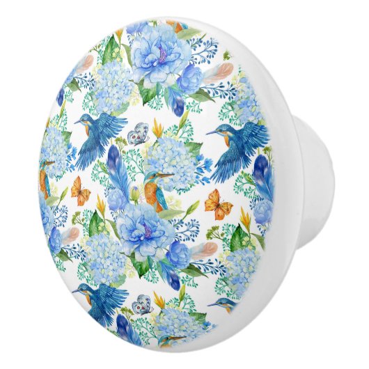 Humming Birds en Blue Hydrangea Keramische Knop (Rechts)