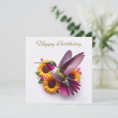 Humming vogel vliegen met bloemen Happy Birthday (Staand voorkant)