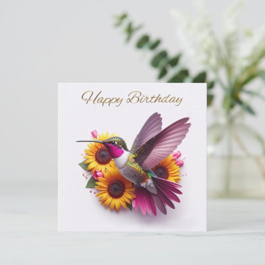 Humming vogel vliegen met bloemen Happy Birthday (Staand voorkant)