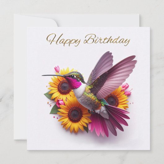Humming vogel vliegen met bloemen Happy Birthday (Voorkant)