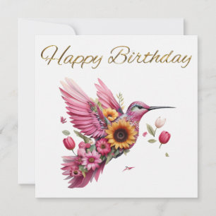 Humming vogel vliegen met bloemen Happy Birthday
