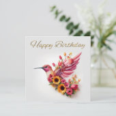 Humming vogel vliegen met bloemen Happy Birthday (Staand voorkant)