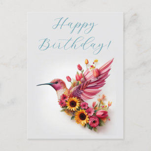 Humming vogel vliegen met bloemen Happy Birthday Briefkaart