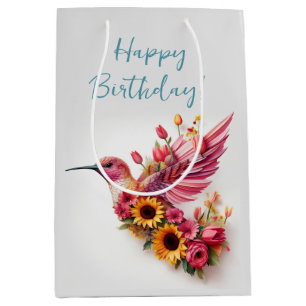 Humming vogel vliegen met bloemen Happy Birthday Medium Cadeauzakje