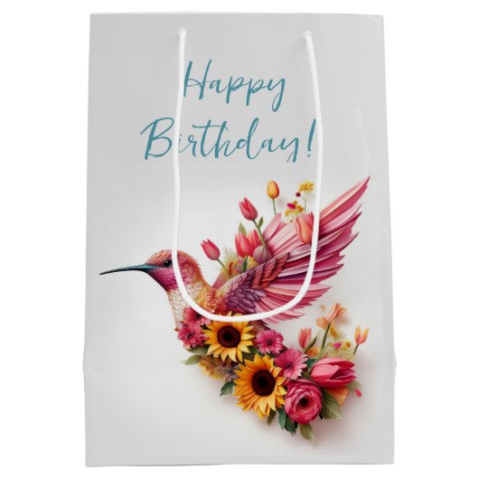 Humming vogel vliegen met bloemen Happy Birthday Medium Cadeauzakje (Achterkant)