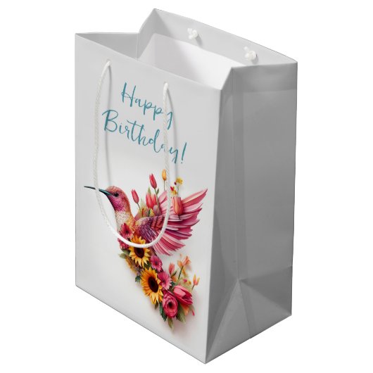 Humming vogel vliegen met bloemen Happy Birthday Medium Cadeauzakje (Achterkant Gekanteld)