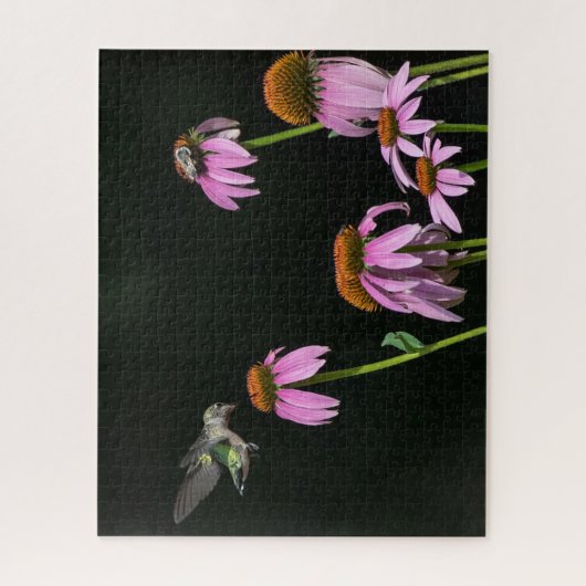 Hummingbird and bee share a Coneflower Legpuzzel (Verticaal)