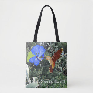 Hummingbird and blue Hibiscus met tropische plante Tote Bag