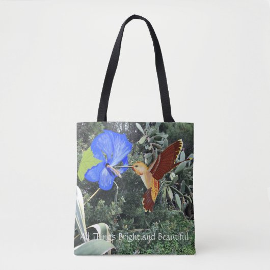 Hummingbird and blue Hibiscus met tropische plante Tote Bag (Voorkant)