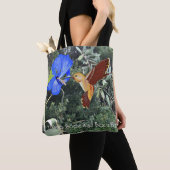 Hummingbird and blue Hibiscus met tropische plante Tote Bag (Dichtbij)