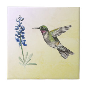 Hummingbird and Bluebonnet on Pink and Yellow Tegeltje