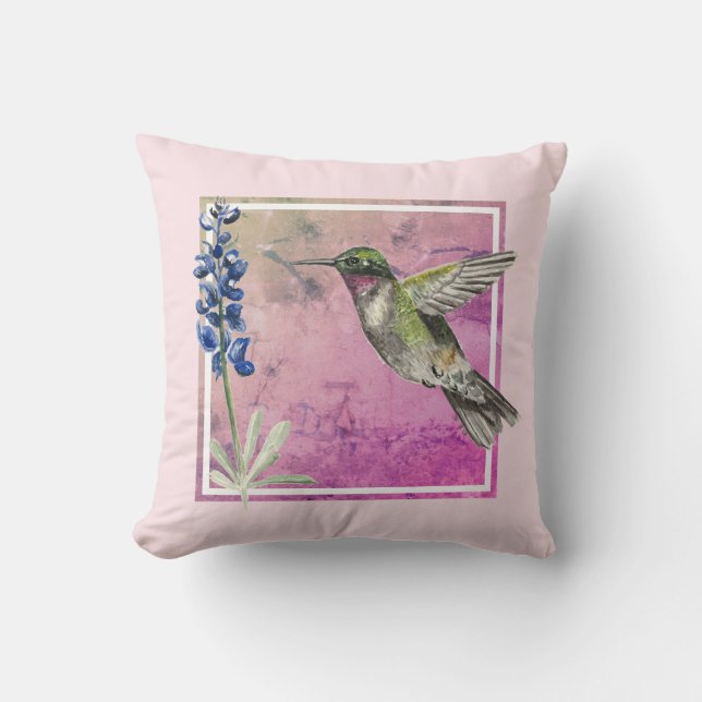 Hummingbird and Bluebonnet on Pink Background Kussen (Voorkant)