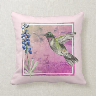 Hummingbird and Bluebonnet on Pink Background Kussen