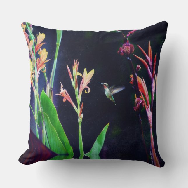 Hummingbird and Exotic Flowers Donkere kleuren Kussen (Voorkant)