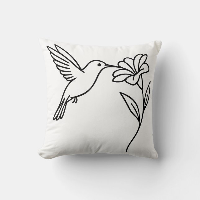 Hummingbird and Flower – Minimalist Black Line Art Kussen (Voorkant)