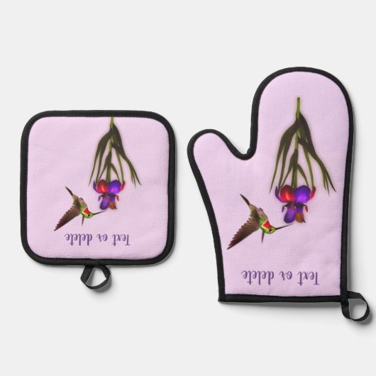 Hummingbird and Iris Flower Personalized Ovenwant & Pannenlap Set (Voorkant)