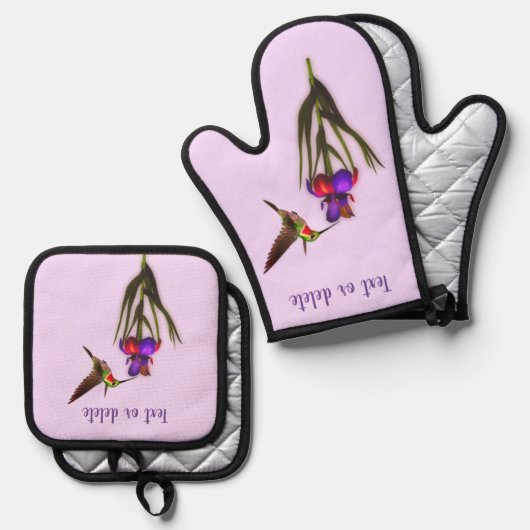 Hummingbird and Iris Flower Personalized Ovenwant & Pannenlap Set (Voorkant / Achterkant)