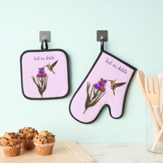 Hummingbird and Iris Flower Personalized Ovenwant & Pannenlap Set (Insitu(Ophanging))