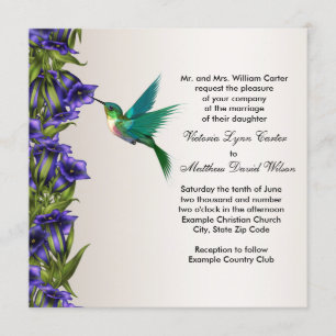 Hummingbird and Paars Violets Wedding Invitting Kaart