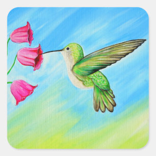 Hummingbird and Pink Bell Flowers Painting Vierkante Sticker