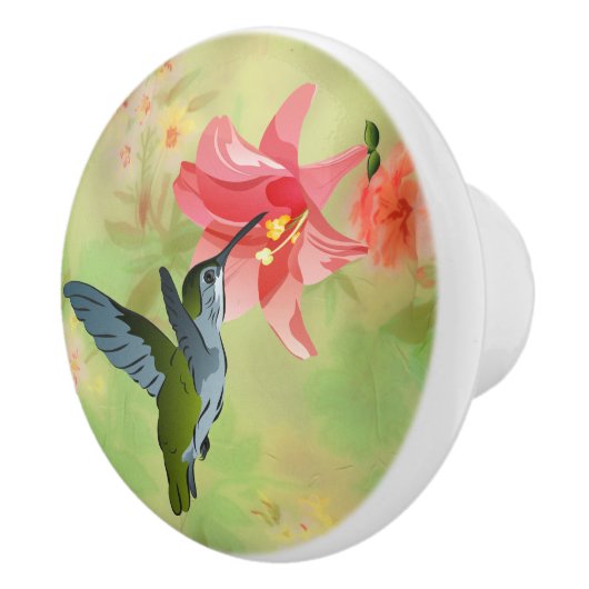 Hummingbird and Pink Lily on Floral Pattern Keramische Knop (Rechts)