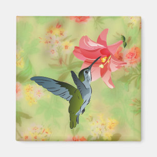Hummingbird and Pink Lily on Floral Pattern Magneet