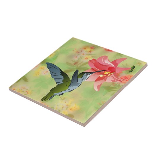 Hummingbird and Pink Lily on Floral Pattern Tegeltje (Zijkant)