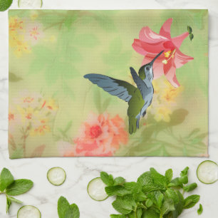 Hummingbird and Pink Lily on Floral Pattern Theedoek