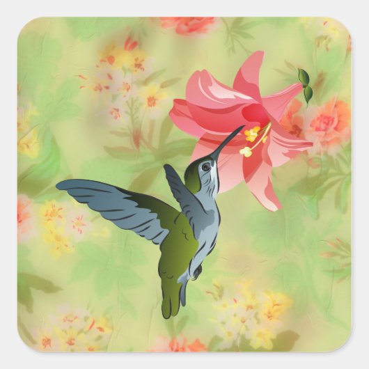Hummingbird and Pink Lily on Floral Pattern Vierkante Sticker (Voorkant)