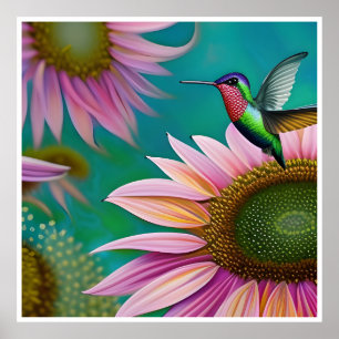 Hummingbird and Pink Sunflower Poster