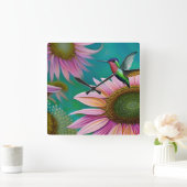 Hummingbird and Pink Sunflower Vierkante Klok (Huis)
