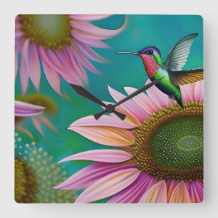 Hummingbird and Pink Sunflower Vierkante Klok