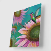Hummingbird and Pink Sunflower Vierkante Klok (Hoek)