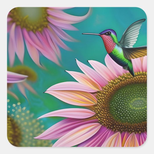 Hummingbird and Pink Sunflower Vierkante Sticker (Voorkant)